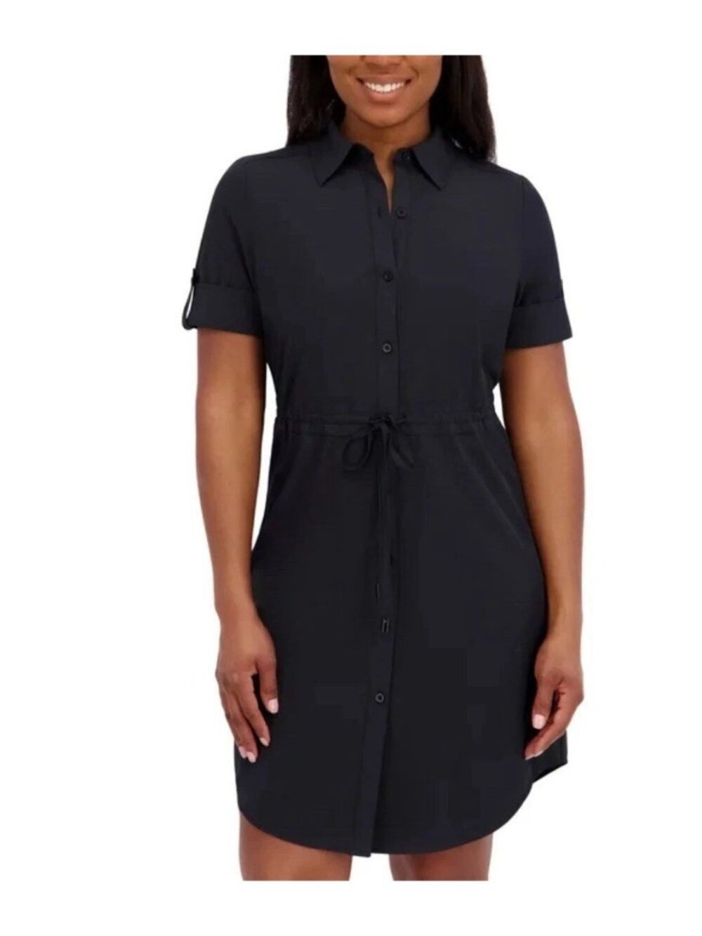 NWT Halston Women's L Black Button-Down Shirt Dress With Drawstring Waist B0576
